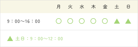 月曜から金曜は9:00～16:00、土日は9:00～12:00